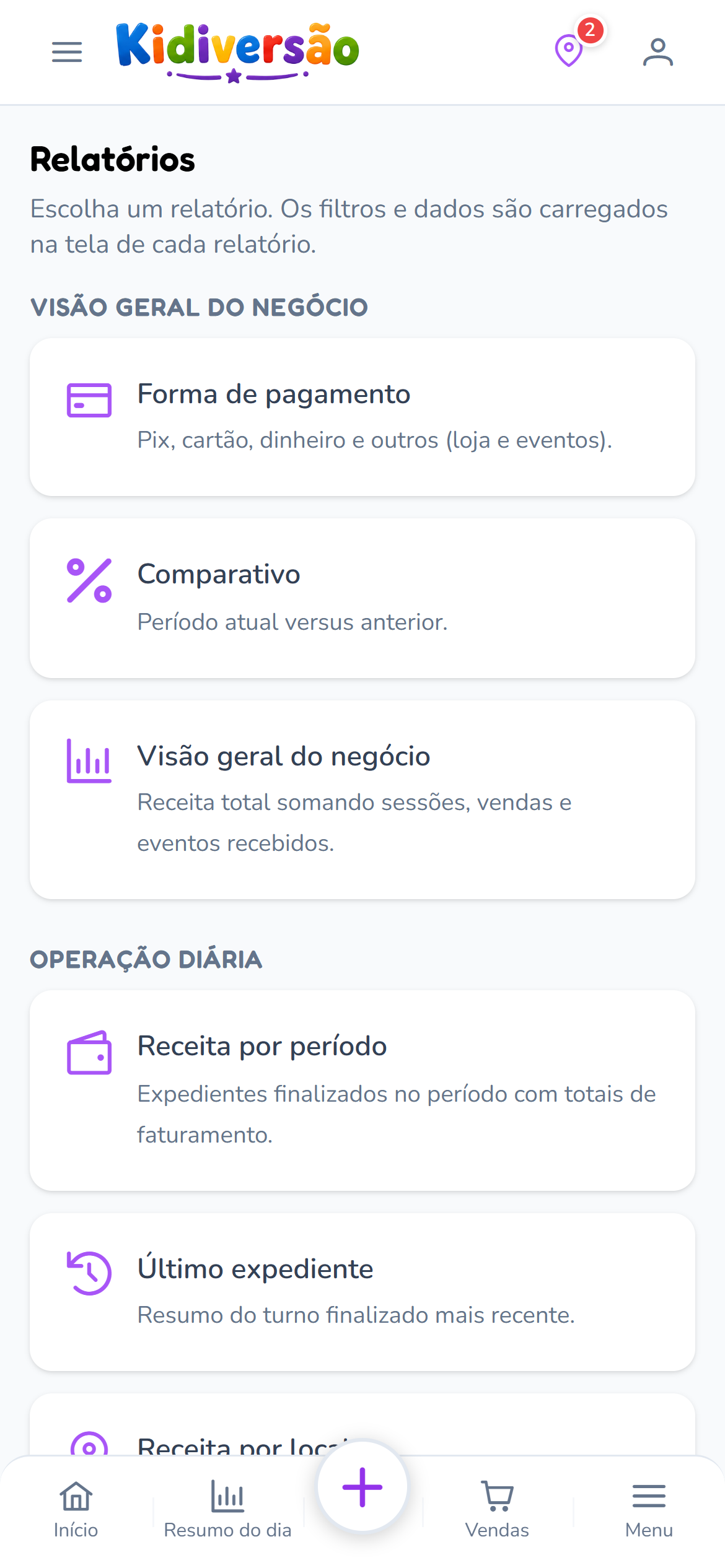 Central de relatórios do Kidiversão com faturamento, comparativos e visão geral do negócio